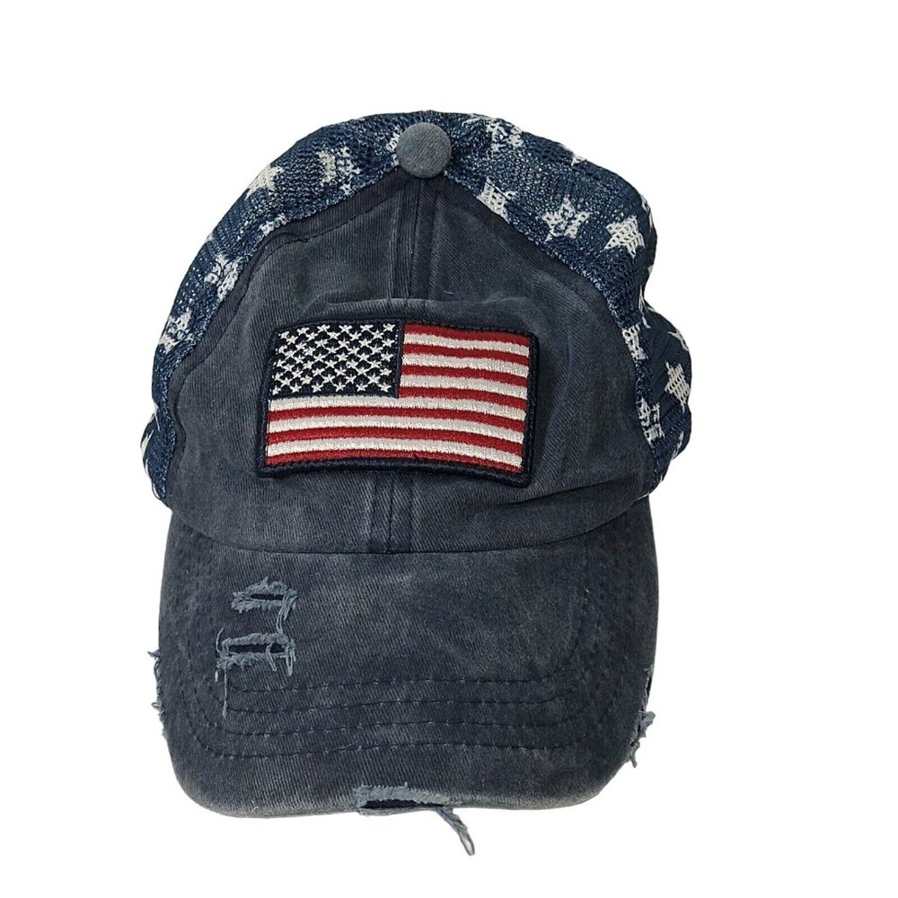 CC Exclusives Denim Strapback Cap Women One Size US Flag Broken-in Ripped - Picture 1 of 7